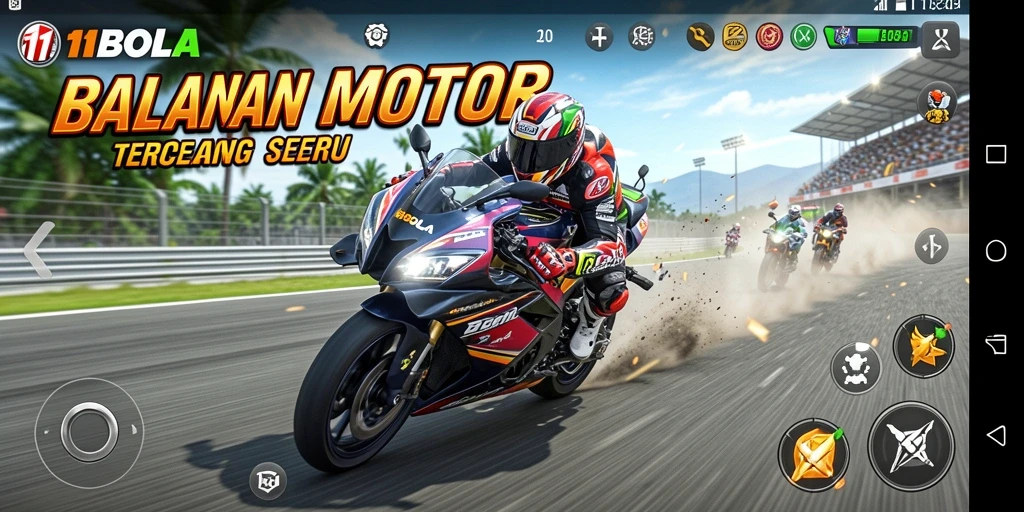 Screenshot gameplay <strong>11BOLA</strong> menampilkan aksi balapan motor yang intens.