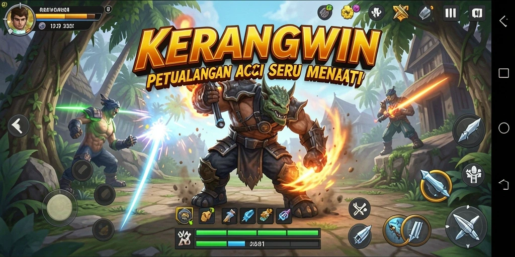 Screenshot KERANGWIN menampilkan aksi seru karakter dalam pertarungan mendebarkan.