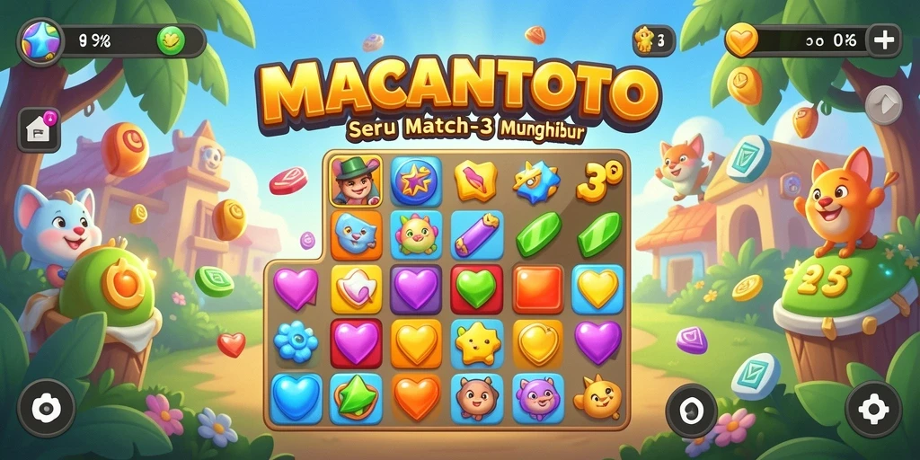 Tangkapan layar gameplay <strong>MACANTOTO</strong> menampilkan suasana ceria dan penuh warna dari permainan Match-3.