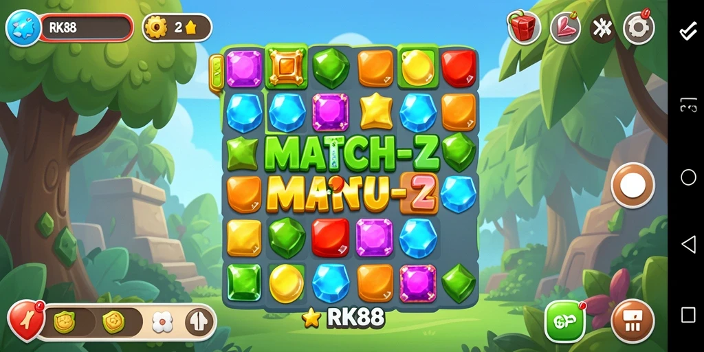 Screenshot gameplay RK88 menampilkan kombinasi batu permata yang penuh warna.