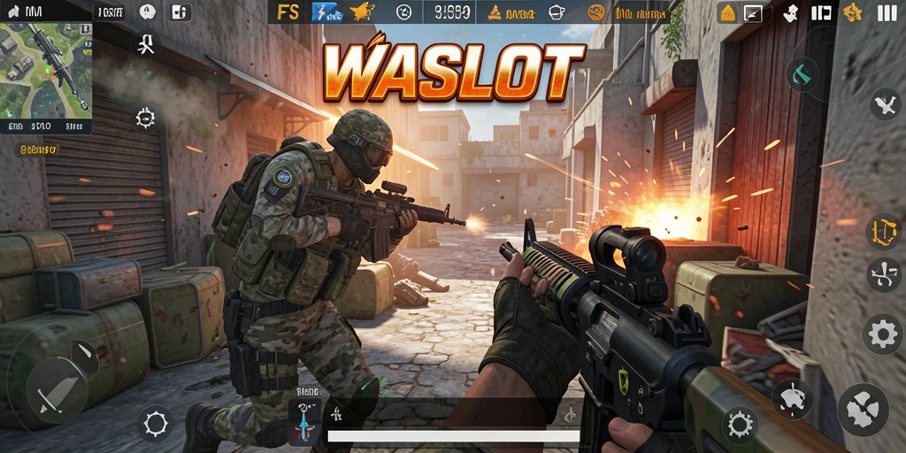 Screenshot utama WASLOT menampilkan aksi tembak-menembak yang intens.